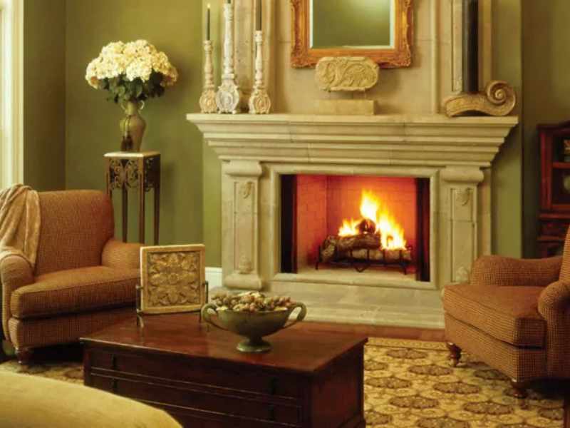 Wood burning fireplace in home's living room.